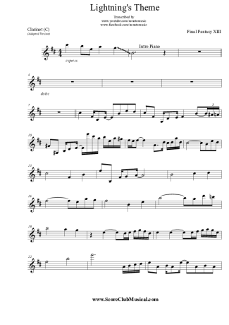 Final Fantasy XIII Lightning Theme score for Clarinet (C)