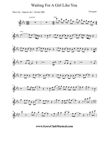 Foreigner Waiting For a  Girl Like You score for Tenor Saxophone Soprano (Bb)