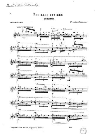 Francisco Tárrega Feuilles Variees (Schumam) score for Acoustic Guitar