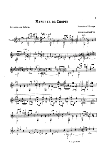 Francisco Tárrega Mazurka De Chopin score for Acoustic Guitar