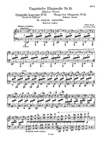 Franz Liszt Hungarian Rhapsody No.15 S.244 15 score for Piano