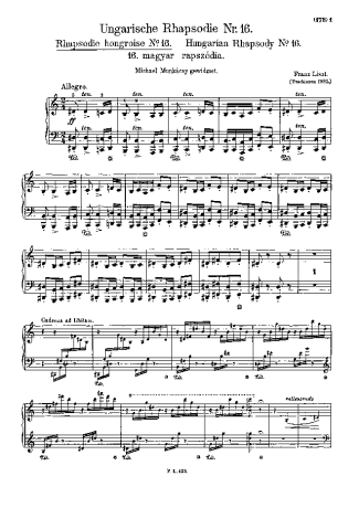 Franz Liszt Hungarian Rhapsody No.16 score for Piano