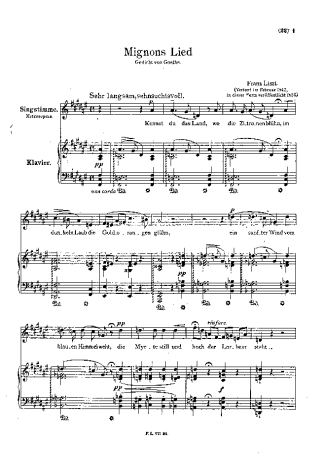 Franz Liszt Mignons Lied S.275 score for Piano