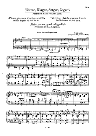 Franz Liszt Weinen Klagen Sorgen Zagen S.179 score for Piano