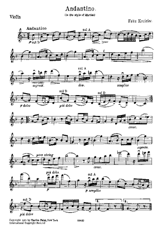 Fritz Kreisler Andantino Martini score for Violin