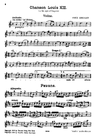 Fritz Kreisler Chanson and Pavane score for Violin