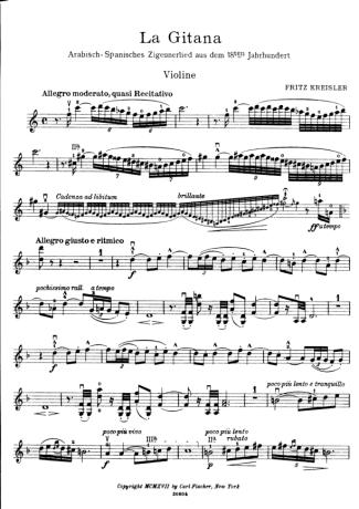 Fritz Kreisler La Gitana score for Violin