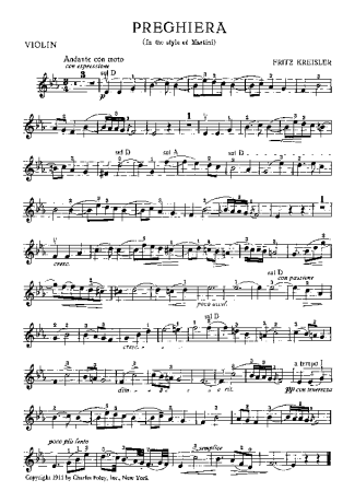 Fritz Kreisler Preghiera score for Violin