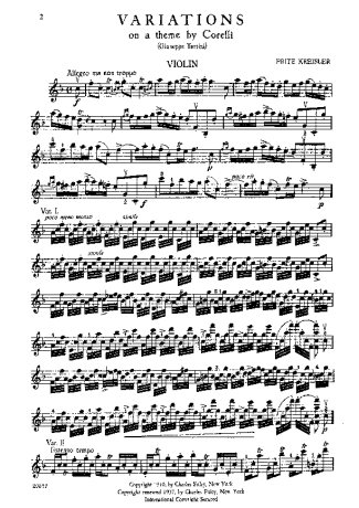 Fritz Kreisler Variations on a Theme of Corelli score for Violin