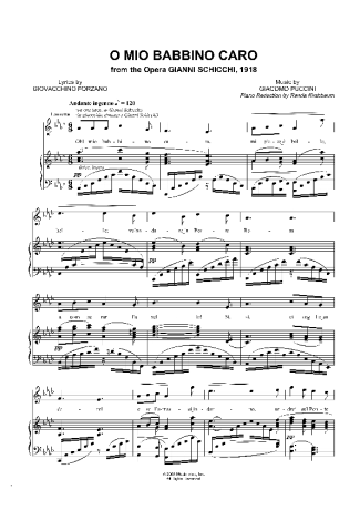 Gianni Schicchi O Mio Babbino Caro score for Piano