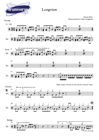 Green Day Longview score for Drums