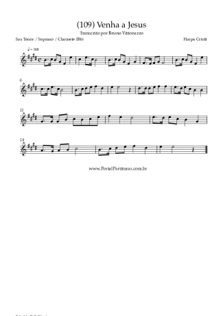 Harpa Cristã (109) Venha A Jesus score for Tenor Saxophone Soprano (Bb)
