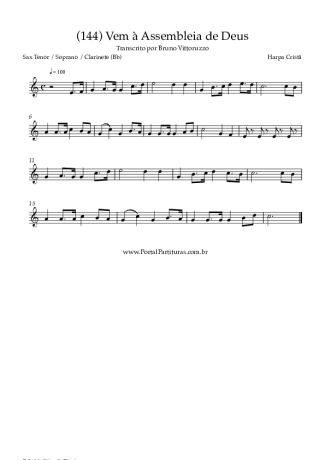 Harpa Cristã (144) Vem à Assembleia De Deus score for Tenor Saxophone Soprano (Bb)