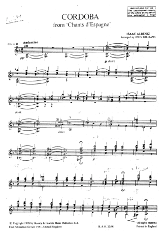 Isaac Albéniz Cordoba score for Acoustic Guitar