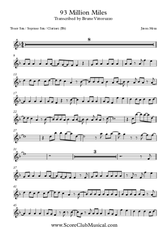 Jason Mraz 93 Million Miles score for Tenor Saxophone Soprano (Bb)