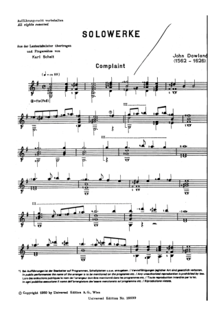 John Dowland Complaint score for Acoustic Guitar