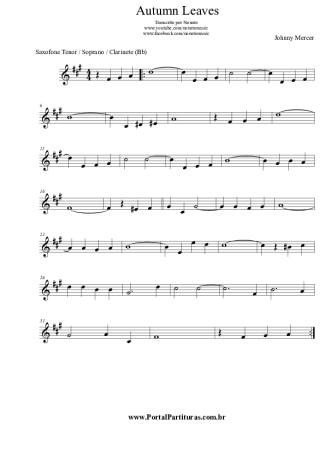 Johnny Mercer Autumn Leaves score for Tenor Saxophone Soprano (Bb)