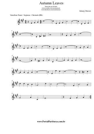 Johnny Mercer Autumn Leaves score for Tenor Saxophone Soprano (Bb)