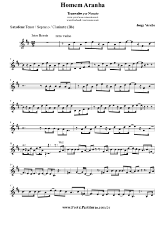 Jorge Vercillo Homem Aranha score for Tenor Saxophone Soprano (Bb)