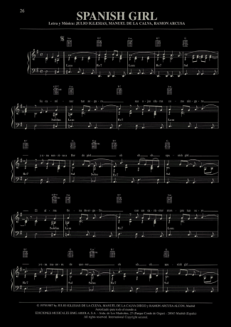 Julio Iglesias Spanish Girl score for Piano