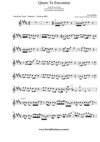 Kid Abelha Quero Te Encontrar score for Tenor Saxophone Soprano (Bb)