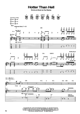 Kiss Hotter Than Hell score for Guitar