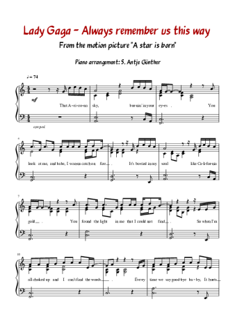Lady Gaga Always Remember Us This Way score for Piano