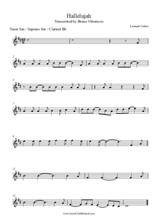 Leonard Cohen Hallelujah score for Saxofone Tenor Soprano (Bb)