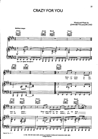 Madonna Crazy for You score for Piano