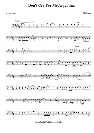 Madonna Don´t Cry For Me Argentina score for Cello