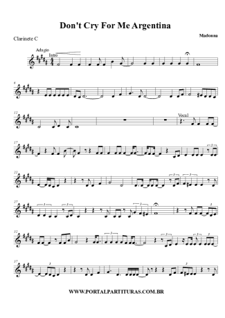 Madonna Don´t Cry For Me Argentina score for Clarinet (C)