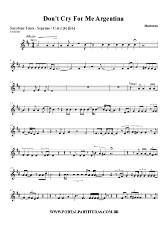 Madonna Don´t Cry For Me Argentina score for Tenor Saxophone Soprano (Bb)