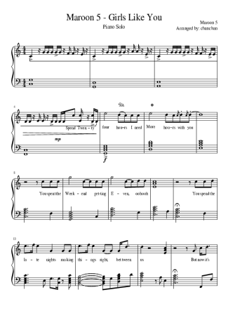 Maroon 5 Girls Like You score for Piano