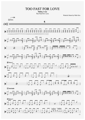 Mötley Crüe Too Fast For Love score for Drums
