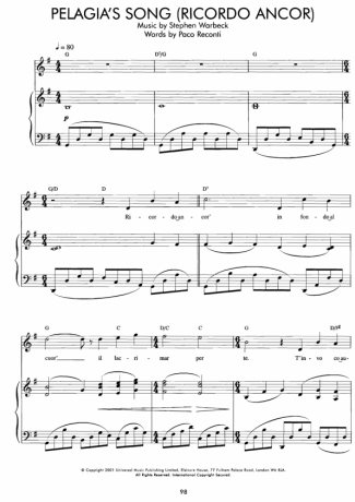 Movie Soundtracks (Temas de Filmes) Pelagias Song (Ricordo Ancor) score for Piano