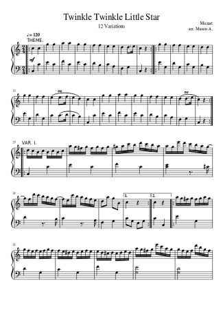 Mozart 12 Variations of Twinkle Twinkle Little Star score for Piano