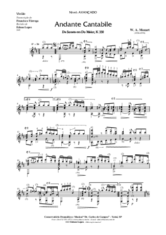 Mozart Andante Cantabile KV 330 score for Acoustic Guitar
