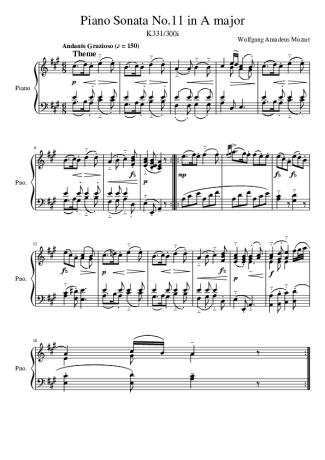 Mozart Piano Sonata No11 in A major K331W score for Piano