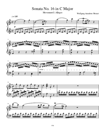 Mozart Sonata No 16 score for Piano