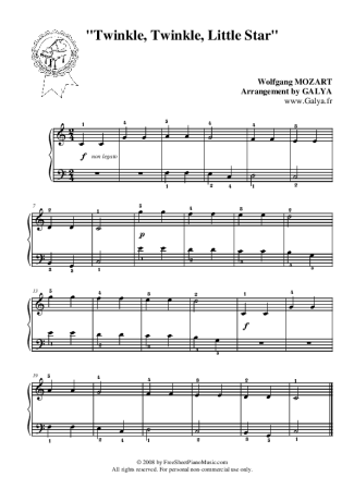 Mozart Twinkle Twinkle Little Star score for Piano