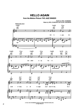Neil Diamond Hello Again score for Piano