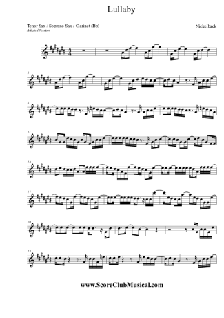Nickelback Lullaby score for Tenor Saxophone Soprano (Bb)