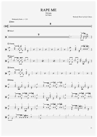 Nirvana Rape Me score for Drums