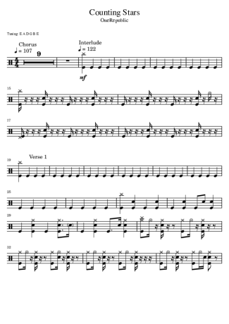 OneRepublic Counting Stars score for Drums