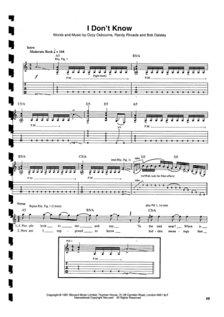 Ozzy Osbourne  score for Guitar