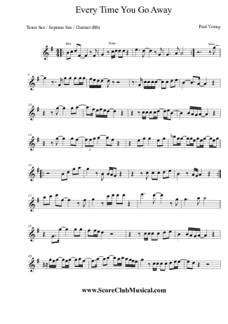 Paul Young Every Time You Go Away score for Tenor Saxophone Soprano (Bb)