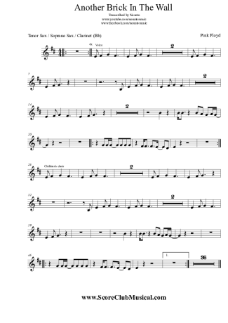 Pink Floyd Another Brick In The Wall score for Clarinet (Bb)