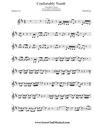 Pink Floyd Comfortably Numb score for Clarinet (C)