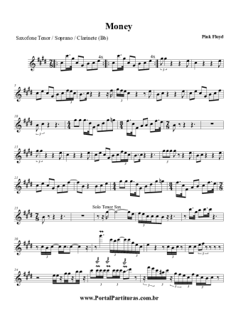 Pink Floyd Money score for Tenor Saxophone Soprano (Bb)