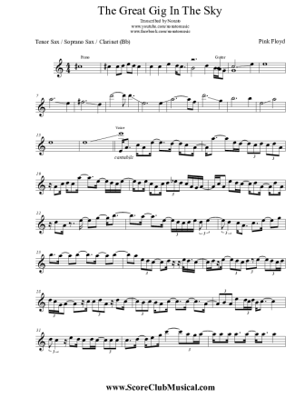 Pink Floyd The Great Gig In The Sky score for Clarinet (Bb)